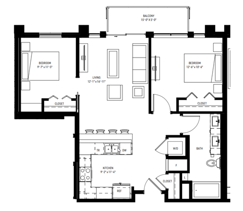 Floor plan for 2 beds, 1 bath, 900 sqft